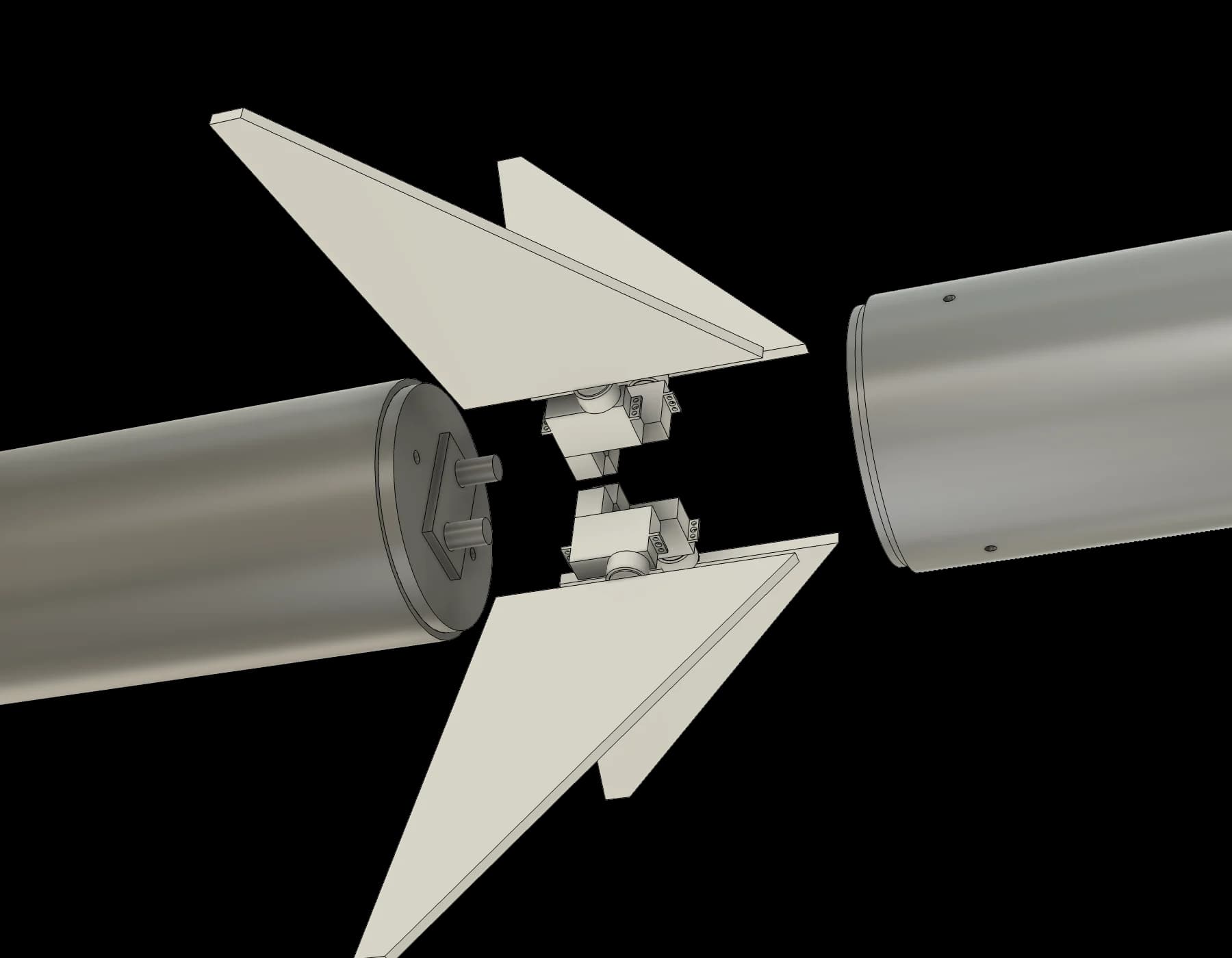 Exploded CAD view of the canard module — the printed bay with four servo pockets, hinge shafts and bearing seats, with the canard panels and outer tube pulled away