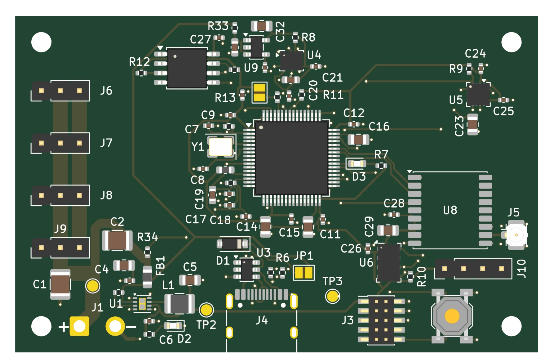 3D render of the flight computer board — a four-layer PCB with an STM32 in the center, sensors around it, and servo headers down the left edge